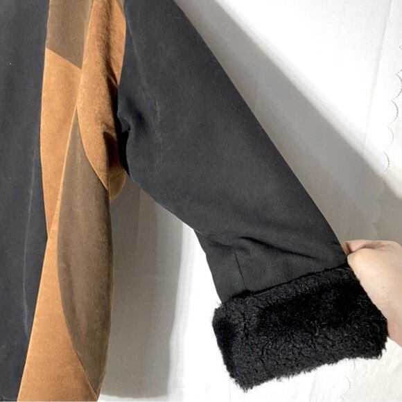 Vintage Luba Brown Black Faux Suede Colour Block Coat W Faux Fur Trim XL - Picture 11 of 16